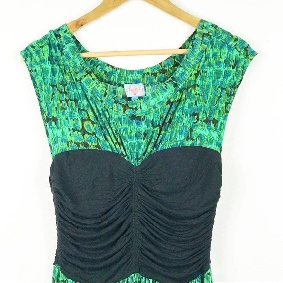 Plenty by Tracy Reese Green Print Ruched Bust Fit & Flare Dress Women's L Boho - Picture 4 of 10